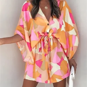 Women Print Dress Sexy V-Neck Bat Sleeve Ruffl Flowers Print Bohemian Beach Sundress Ladies Loose Summer Vacation Mini Dresses