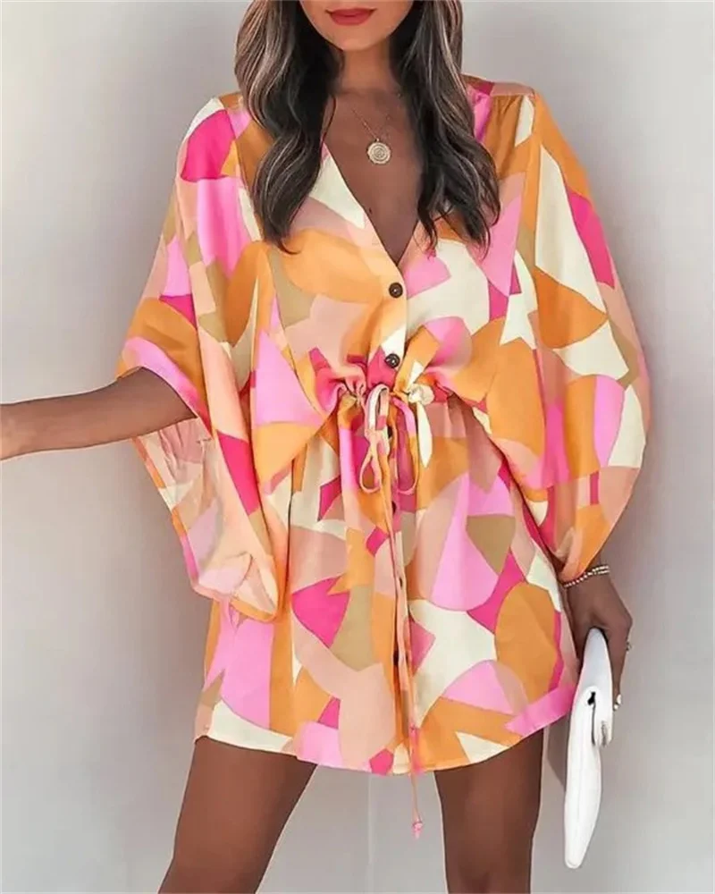 Women Print Dress Sexy V-Neck Bat Sleeve Ruffl Flowers Print Bohemian Beach Sundress Ladies Loose Summer Vacation Mini Dresses - Image 2