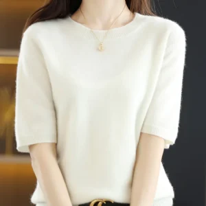 New Short-sleeved Knitwear Women O-neck T-shirt Wool Cotton Blend Pullover Vest Sprig Summer Bottoming Tops Sweater Solid Soft