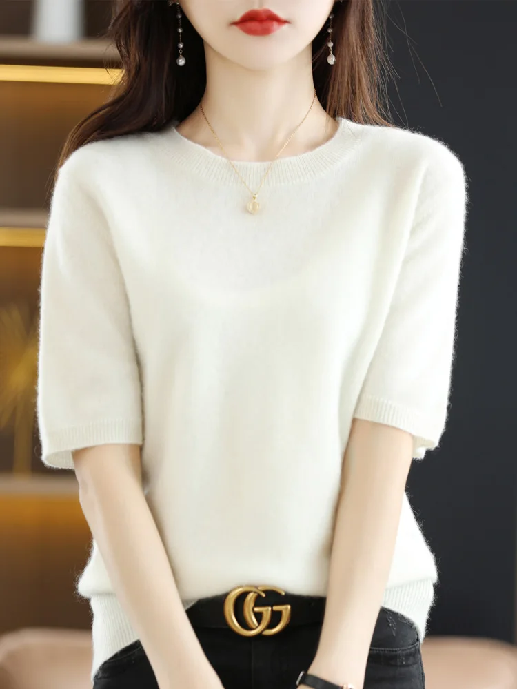 New Short-sleeved Knitwear Women O-neck T-shirt Wool Cotton Blend Pullover Vest Sprig Summer Bottoming Tops Sweater Solid Soft - Image 14