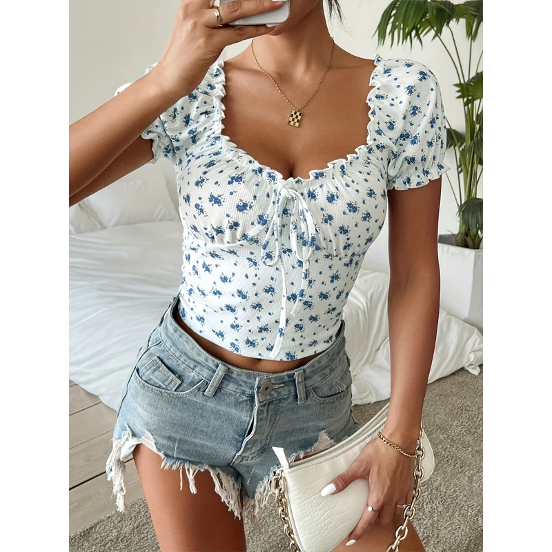 Bohemia Summer Y2k Women's T-shirt Puff sleeve French shirt female Sexy slim Short sleeve woman T-shirt V-neck floral short top - Image 3