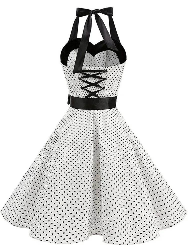 Women Polka Dot Print Summer Dress Sexy Retro White Halter Vintage Dress Robe Femme Pin Up Rockabilly Party Dress - الصورة 3
