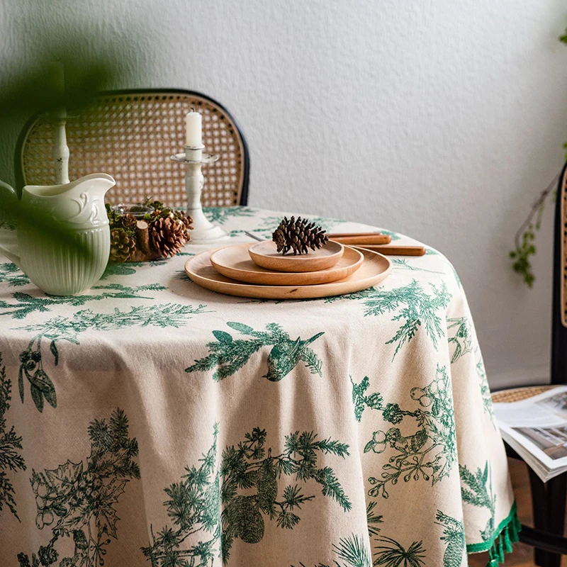Green Leaves Print Round Tablecloth Cotton Linen Boho Table Cloth with Tassels for Kitchen Restaurant Christmas Party Decoration - الصورة 4
