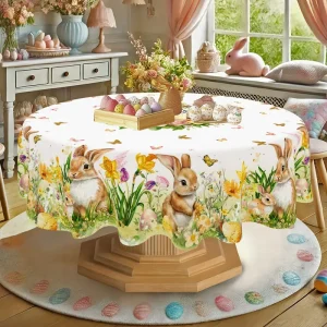 Spring Floral Easter Tablecloth Bunny Eggs Garden Tablecloth Rustic Easter Decorations for Home 2026 Kitchen Dining Table Cover