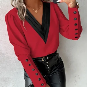 Office Ladies V-neck Button Shirt Blouse Spring Autumn Fashion Color Matching Long Sleeve Shirts For Women 2024 White Tops Femme