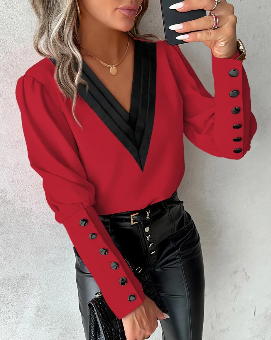 Office Ladies V-neck Button Shirt Blouse Spring Autumn Fashion Color Matching Long Sleeve Shirts For Women 2024 White Tops Femme - الصورة 4