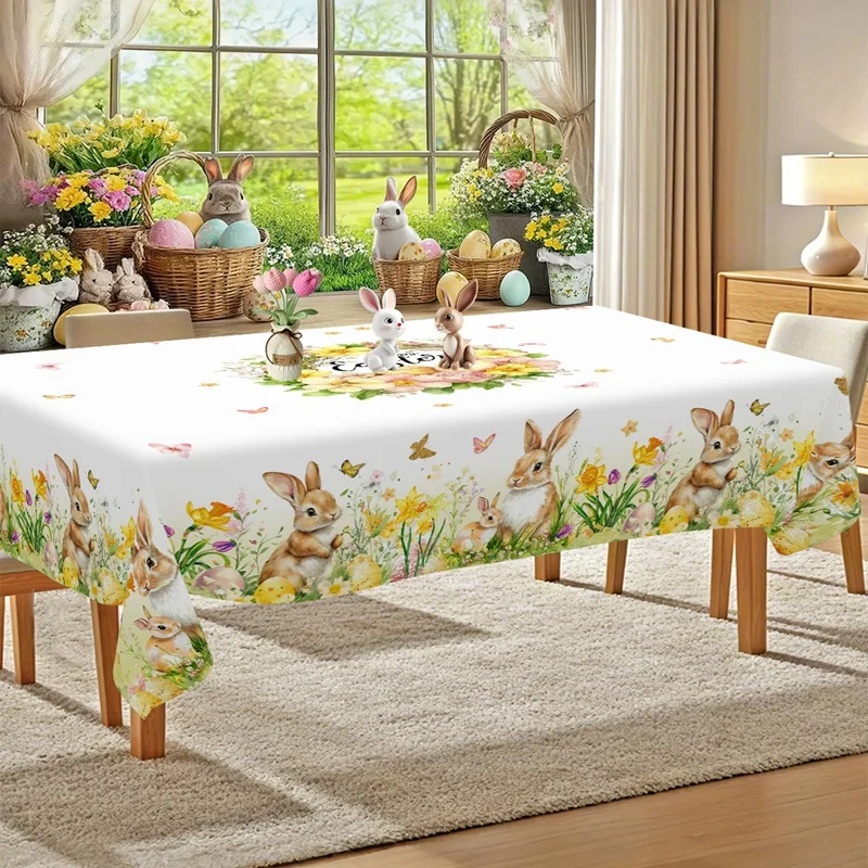 Spring Floral Easter Tablecloth Bunny Eggs Garden Tablecloth Rustic Easter Decorations for Home 2026 Kitchen Dining Table Cover - الصورة 3