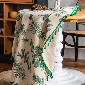 Green Leaves Print Round Tablecloth Cotton Linen Boho Table Cloth with Tassels for Kitchen Restaurant Christmas Party Decoration