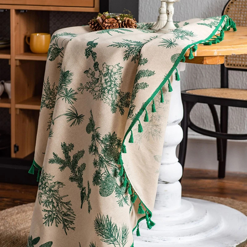Green Leaves Print Round Tablecloth Cotton Linen Boho Table Cloth with Tassels for Kitchen Restaurant Christmas Party Decoration - الصورة 2