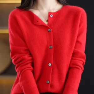2024 New Chic Women's Basic O-neck Cardigan 100% Merino Wool Sweater Soft Grace Knitwear CoatSpring Autumn Female Clothes Tops