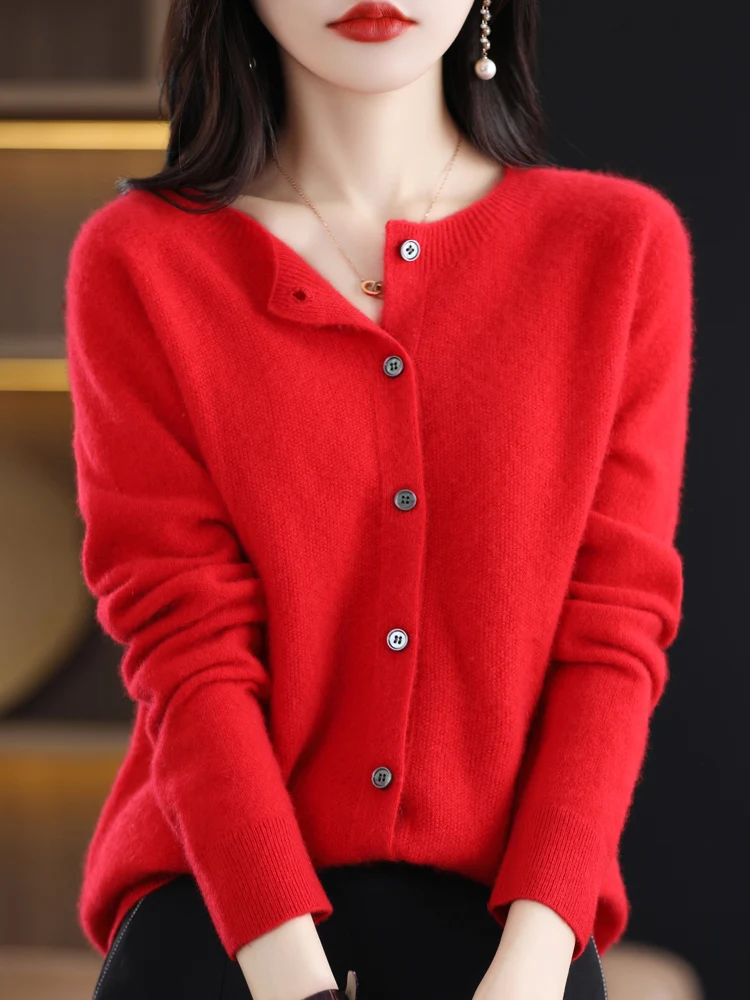 2024 New Chic Women's Basic O-neck Cardigan 100% Merino Wool Sweater Soft Grace Knitwear CoatSpring Autumn Female Clothes Tops - الصورة 10