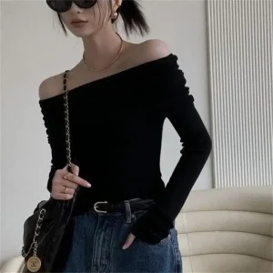 Women Off Shoulder Long Sleeve Knitted T-shirt Sexy Tops Solid Elegant Autumn Winter New Spicy Girl Slim Fit Short Red Crop Top