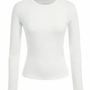 Women's solid-color long-sleeved T-shirt - Polyester knitted fabric, round neck, regular fit, fall-winter style
