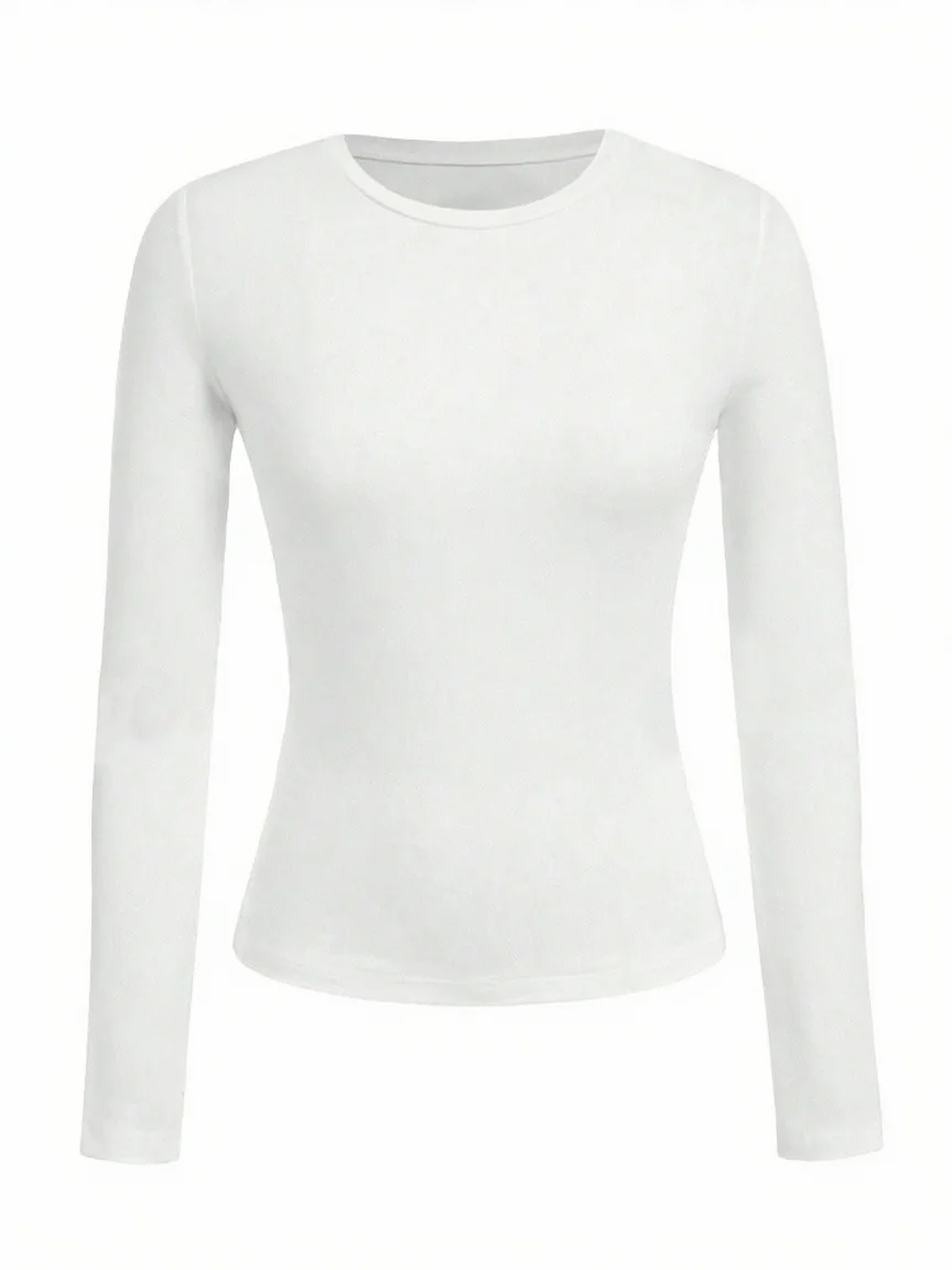 Women's solid-color long-sleeved T-shirt - Polyester knitted fabric, round neck, regular fit, fall-winter style - الصورة 8