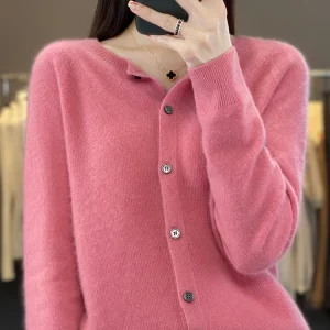 2024 New Chic Women's Basic O-neck Cardigan 100% Merino Wool Sweater Soft Grace Knitwear CoatSpring Autumn Female Clothes Tops