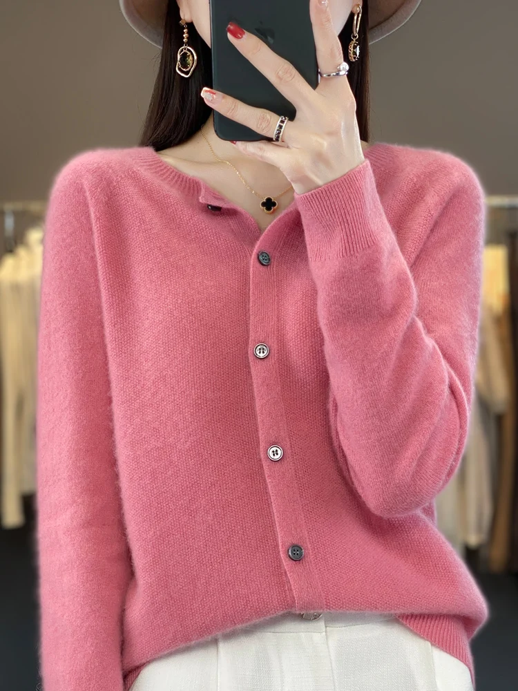 2024 New Chic Women's Basic O-neck Cardigan 100% Merino Wool Sweater Soft Grace Knitwear CoatSpring Autumn Female Clothes Tops - الصورة 14