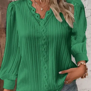 Elegant Summer Hollow Lace Patchwork Women Shirt Chic Blouse V Neck Long Sleeve Shirt Plain Lace Casual Basic Regular Tops