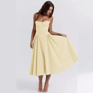 Summer Women Elegant Sleeveless Backless Pleated Dresses Lady Sexy Solid Sling Midi Dress 2024 Female Party Evening A-line Robes
