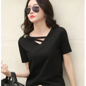 Sexy V-neck Solid Design Short Sleeve Tops Korean Casual Trendy Top Women New 2024 Summer Popular T Shirt for Women