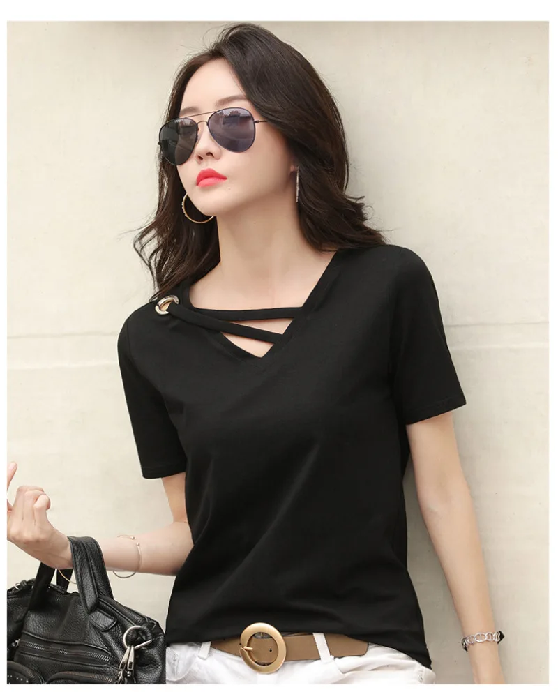 Sexy V-neck Solid Design Short Sleeve Tops Korean Casual Trendy Top Women New 2024 Summer Popular T Shirt for Women - الصورة 3
