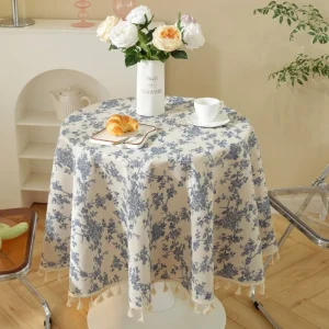 Green Leaves Print Round Tablecloth Cotton Linen Boho Table Cloth with Tassels for Kitchen Restaurant Christmas Party Decoration