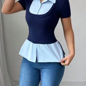 Women's T-shirt Spring Summer Navy Blue Light Blue Contrast Ruffle Hem Valentine's Day Elegant Casual Daily Office Top