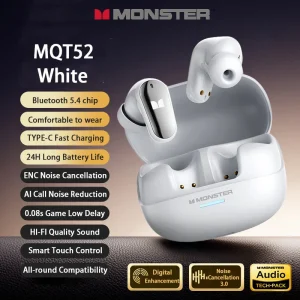 Choice Monster New MQT52 TWS Wireless Bluetooth 5.4 Headset HIFI Stereo Gaming Music Earphones Talking Noise Canceling Earbuds