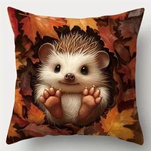 1pc Autumn Cute Hedgehog Maple Leaf Printed Pillowcase Thanksgiving Decorative Pillowcase Ideal Gift