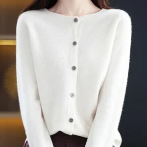 2024 New Chic Women's Basic O-neck Cardigan 100% Merino Wool Sweater Soft Grace Knitwear CoatSpring Autumn Female Clothes Tops
