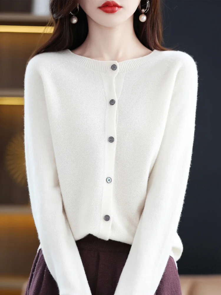 2024 New Chic Women's Basic O-neck Cardigan 100% Merino Wool Sweater Soft Grace Knitwear CoatSpring Autumn Female Clothes Tops - الصورة 2