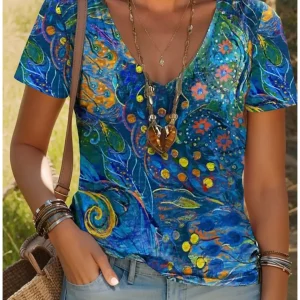 Summer New Women's T-Shirt 3D Vintage Floral Print V Neck Short Sleeve Shirt Fashion Ladies T-Shirt Clothing Y2k Women's T-Shirt
