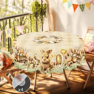 1 Piece of Easter Round Tablecloth, Available in 5 Sizes, Featuring Cute Bunny and Baby Chick Designs Paired with Painted Eggs, Plaid Truck Full of Spring Bouquets and Wreaths Wrapped Around Gilded Egg Decorations, Round Printed Tablecloth with Embossed Edges, Easter Spring Garden Tablecloth Decorat