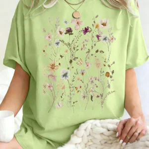 Beautiful Flower Clusters Printing Woman T-Shirt Summer Oversized Short Sleeve O-Neck Cotton T Shirts Y2K Women Sports Tops