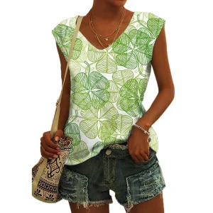 Women's Basic T-shirts Blue Flower Printed Breathable V Neck Cap Sleeves Tank Tops Vintage Summer Beach Loose Fit Tees Tops