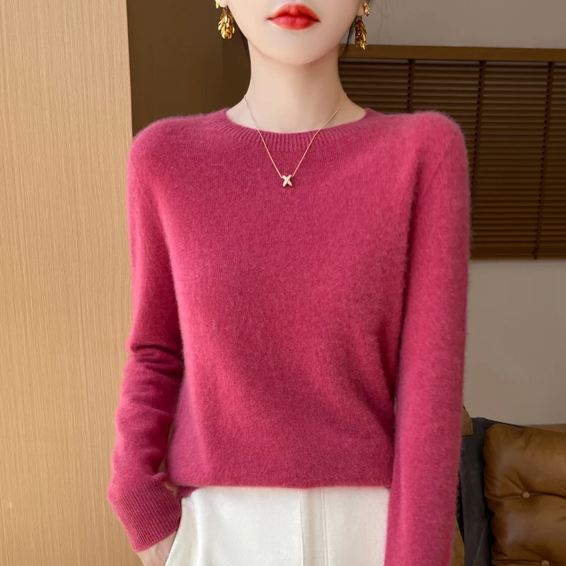 100% Merino solid color sweater ladies autumn and winter new solid color O-neck long sleeve warm fashion loose knit sweater - Image 4
