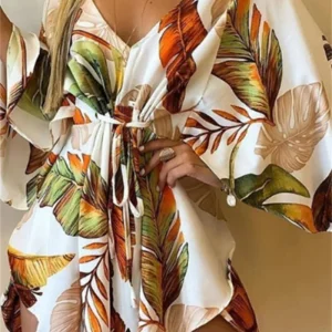 Women Print Dress Sexy V-Neck Bat Sleeve Ruffl Flowers Print Bohemian Beach Sundress Ladies Loose Summer Vacation Mini Dresses