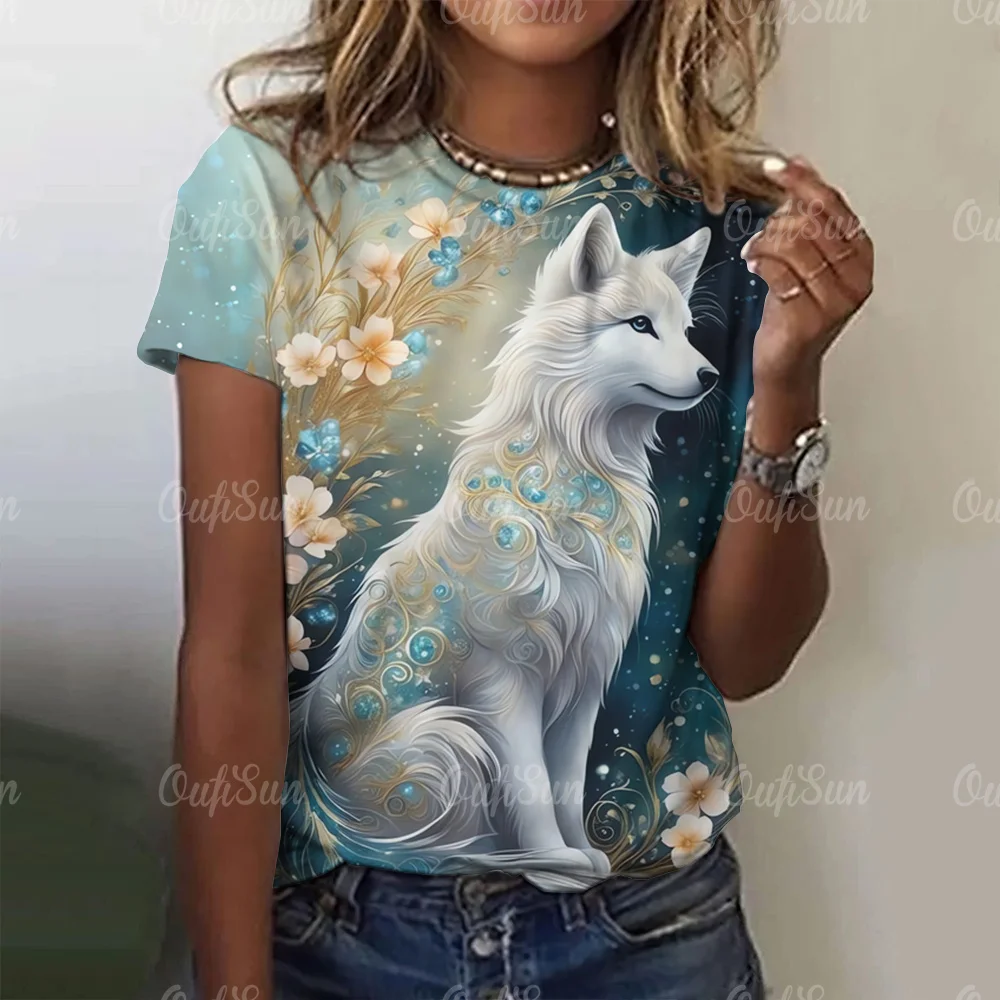 New T-shirt For Women Wolf Print Tees O Neck Loose Short Sleeve Blouse Female Fashion Animal Graphic Tops Harajuku Streetwear - الصورة 5