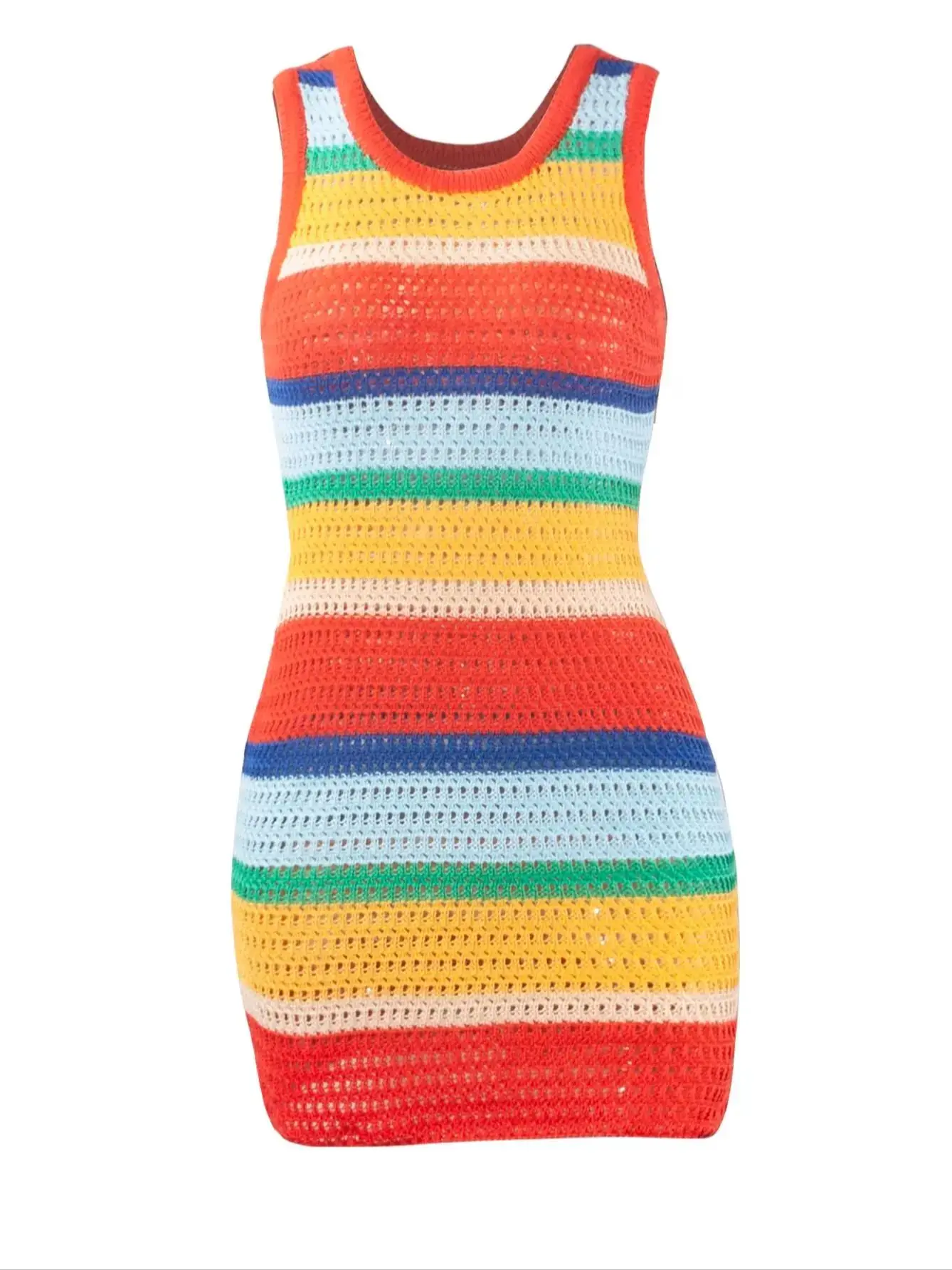 Women Panelled Striped Knitted Hollow Out Mini Dress Casual Tank Sleeveless Bodycon Hot Girl Streetwear Outfit - Image 7