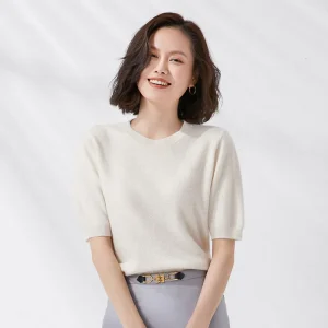 Spring and Summer New Short-sleeved Women O-neck Slim Wool Cotton Blend Pullover Vest T-shirt Knitted Base Sweater