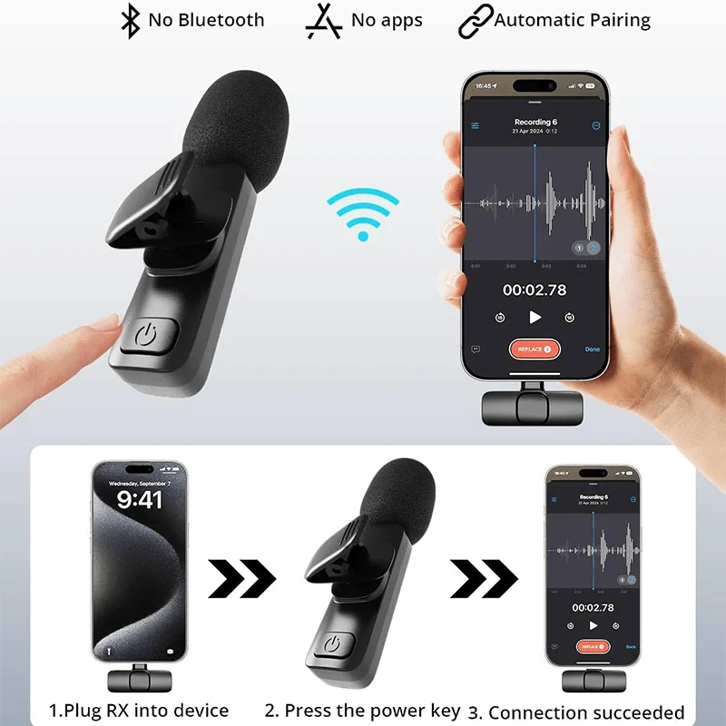 Wireless Lavalier Lapel Microphone for iPhone, iPad, Mini Video Recording Mic for Interview Video Podcast Vlog Noise Reduction - الصورة 4