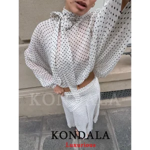 KONDALA Vintage Polka Dot Women Sets Chiffon Bow Tie Loose Blouses Loose Long Skirts Fashion 2026 Spring Summer Holiday Suits