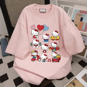 Hello Kitty Kawaii Cotton T-shirt Sanrioed Anime Fashion Women's Top Summer Casual Street Personalized Sweet Girl Top T-shirt