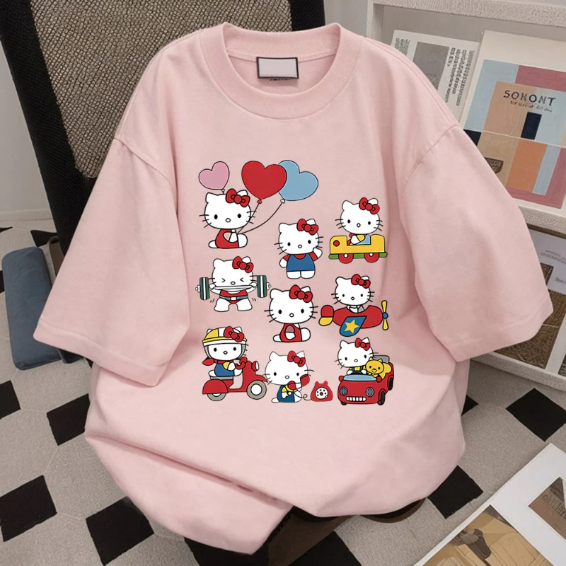Hello Kitty Kawaii Cotton T-shirt Sanrioed Anime Fashion Women's Top Summer Casual Street Personalized Sweet Girl Top T-shirt - Image 11