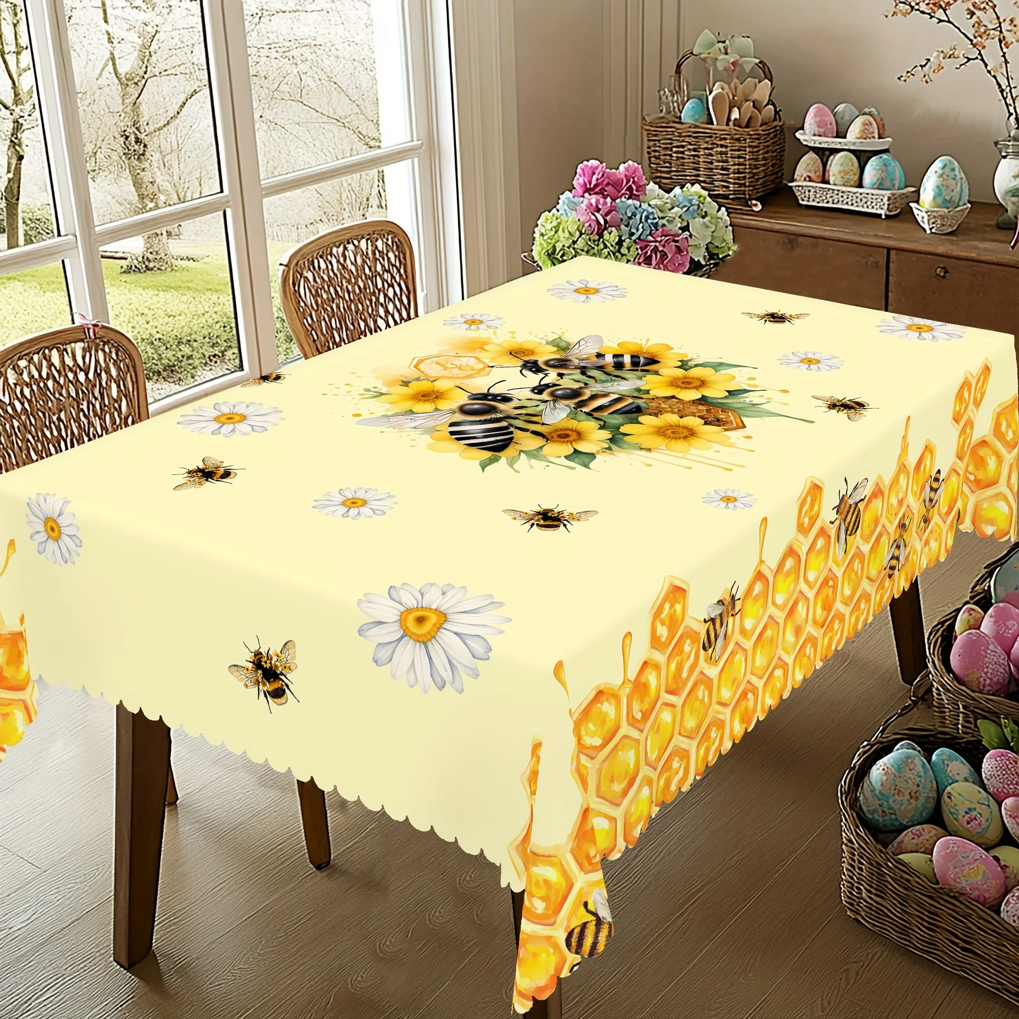 Bee Daisy Printed Tablecloth Wedding Party Decor Washable Summer Floral Bee Hive Rectangle Tablecover Kitchen Dining Table Decor - الصورة 2