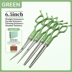 Fenice 6.5 Inch Colorful Straight Curved Thinning Chunker Shears Beginner Friendly Scissors Kit for Practice &Home Groomer Us