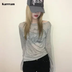 Karrram Japanese Y2k Letter Print Knitted Tops Korean 2000s Long Sleeve Knit T-shirt Vintage Harajuku Streetwear American Retro