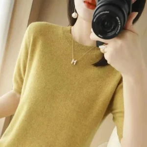 Spring and Summer New Short-sleeved Women O-neck Slim Wool Cotton Blend Pullover Vest T-shirt Knitted Base Sweater
