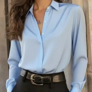 Women's  Long Sleeve Button Down Blouse - Elegant Office Chic Top with Classic Collar & Versatile Style
