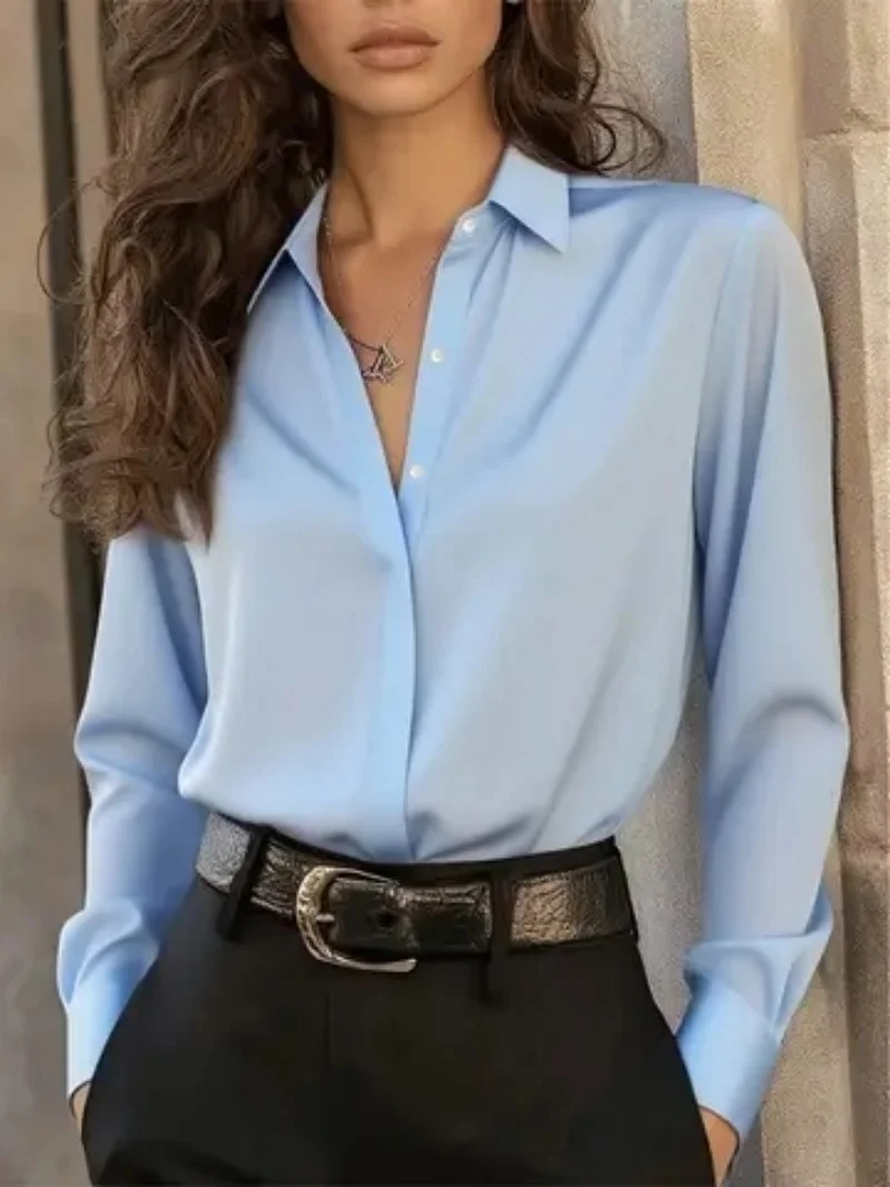 Women's Long Sleeve Button Down Blouse - Elegant Office Chic Top with Classic Collar & Versatile Style - Image 3