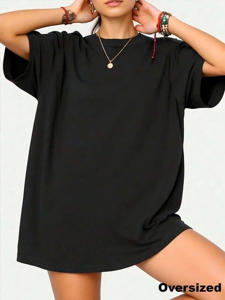 2026 New Arrival Women's Oversize T-shirt Urban Causal Fashion Pure Color Short Sleeve Tops Female Home Comfort 100% Cotton Tees - Image 3